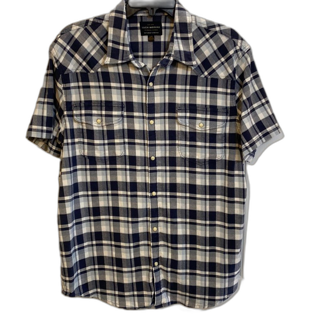 Lucky Brand Western Navy Plaid snap button down shirt chest pockets Large L